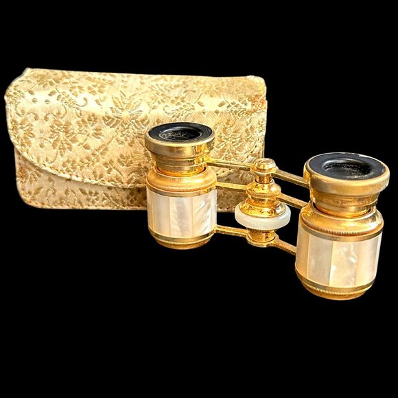 Antique Opera Glasses Gold & Mother-Of-Pearl, Embossed Satin Case Circa 1880-191 - Picture 5 of 16